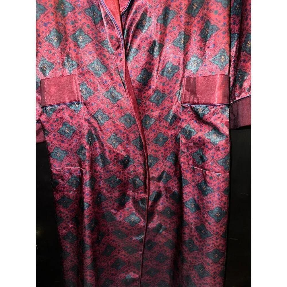 Vtg Cachet Women’s Kimono Robe Medium burgandy green Floral Jacquard Satin Belte